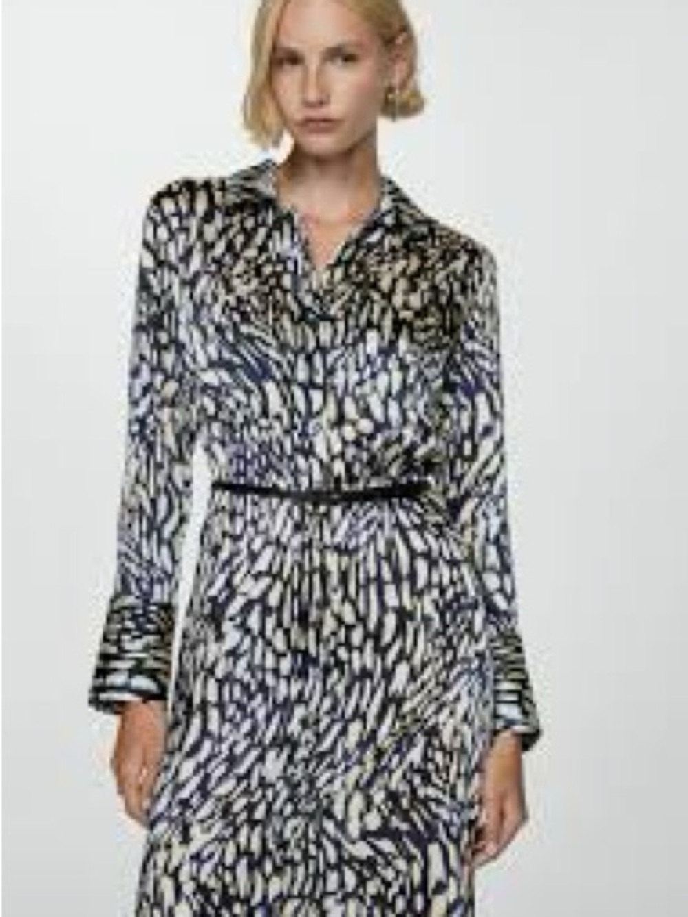 Women’s Navy and Cream Printed Long Sleeve Maxi Shirt Dress